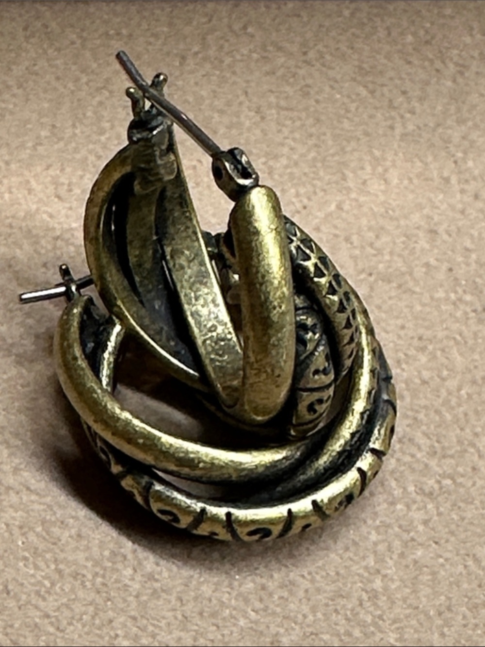 Lia Sophia Intertwined Antiqued Finish. Triple Hoop Patterned Earrings